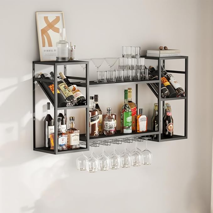 Metal Floating Bar Liquor Shelves 2 Tier, Wall Mounted Wine Rack with Glass Holder Storage, Wall Bar Shelf Wine Display Storage Holder for Kitchen Dining Room Bar (Black)