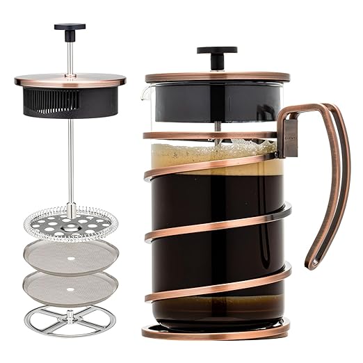 OVENTE French Press Coffee Maker 34 Ounce with Heat Resistant Borosilicate Glass, Stainless Steel Design and 4-Level Filter System, Portable Cold Brewer Pot for Travel, Camping or Gift, Copper FSW34C