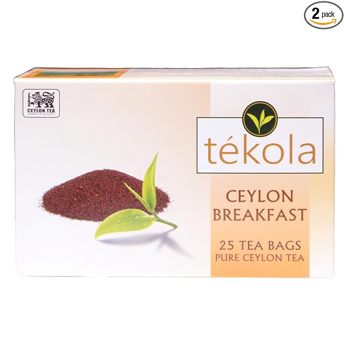 tekola, 2 pack Ceylon Breakfast Black Tea Broken Orange Pekoe. A premium blend of 100% pure Ceylon Tea. Strong, flavorful and lively, 25 Count (Pack of 2) - total of 50 tea bags