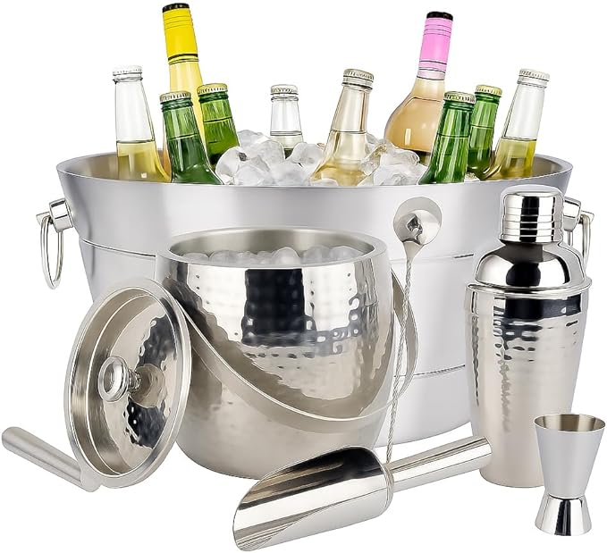 BREKX Stainless Steel Beverage Tub and Ice Bucket with Lid and Scoop Party Combo Set, Silver Double-Walled Insulated Barware Set