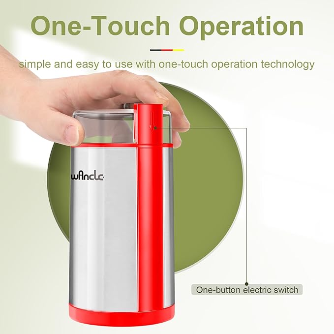 Wancle Electric Coffee Grinder, Quiet Spice Grinder, One Touch Coffee Mill for Beans, Spices and More, with Clean Brush (Red+Stainless Steel+Red)
