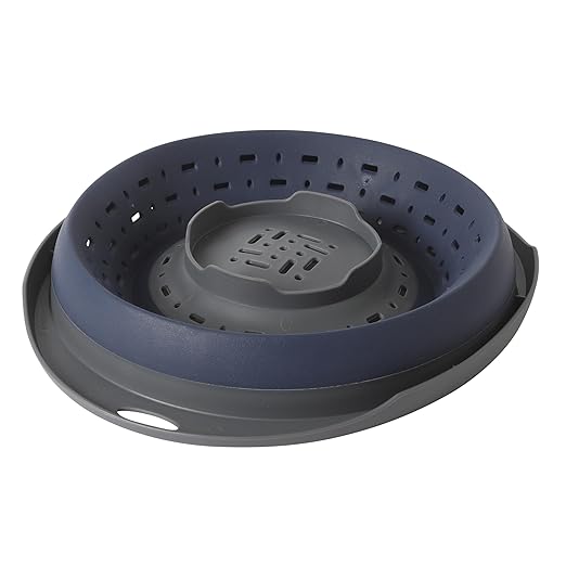 Oster Bluemarine 10-Inch Foldable Strainer – Collapsible Colander for Pasta, Vegetables, Fruits, Space-Saving Kitchen Tool, Blue/Grey Dishwasher Safe