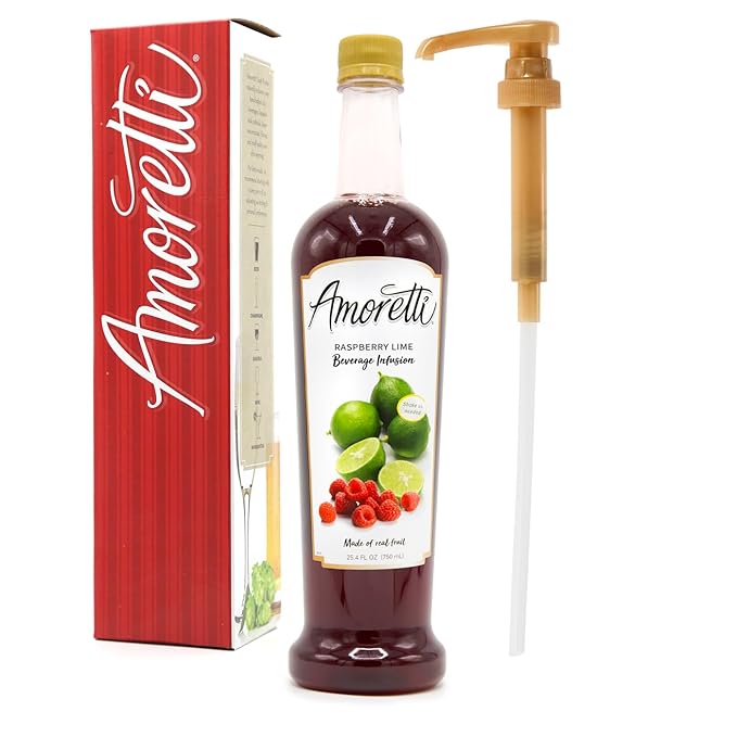 Amoretti - Raspberry Lime Beverage Infusion, 94 Servings Per Bottle (750 ml) - Drink Mix & Water Enhancer with Pump for Flavoring Cocktails, Waters, Teas, and other Beverages, Preservative Free
