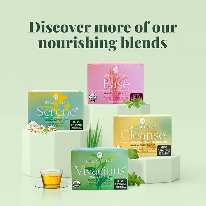 Life by Sublime - Ease USDA Organic Lemon Balm Chamomile Tea, 20 Tea Bags, Caffeine-Free Calm Sleep Tea, Promotes Relaxation, Stress Relief, and Restful Nights, Premium Brazilian Harvest