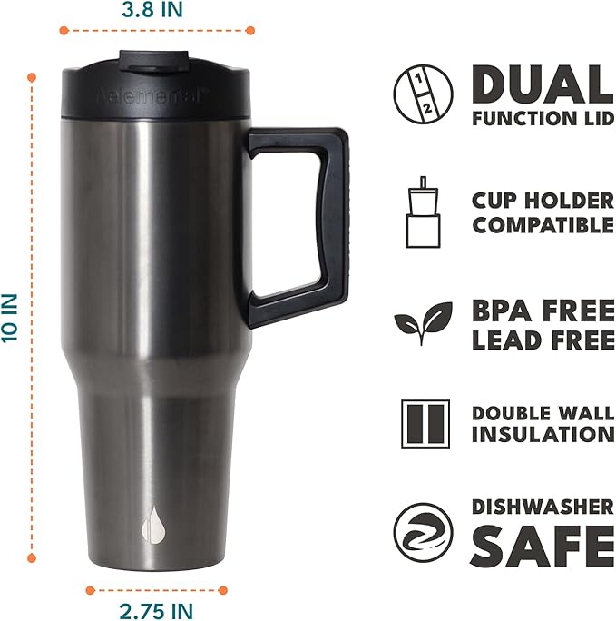 Elemental 32 oz 100% Leak Proof Tumbler with Handle & Straw - Stainless Steel Double Wall Insulated Tumbler for Hot and Cold Beverages - Travel Coffee Mug with Sip & Straw Lid - Gunmetal