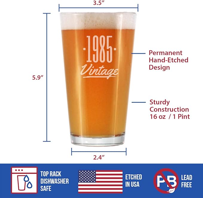 Vintage 1985 Pint Glass for Beer - 40th Birthday Gifts for Men or Women Turning 40 - Fun Bday Party Decor - 16 oz