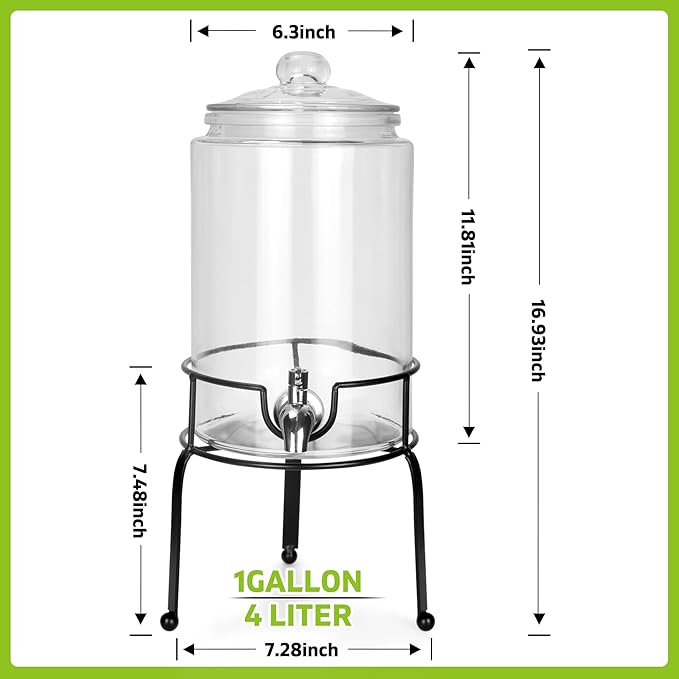1 Gallon Beverage Dispenser 1 Pack, Stainless Steel Spigot Drink Dispenser for Parties with Stand, Clear Glass Drink Container Easy to Refill and Clean