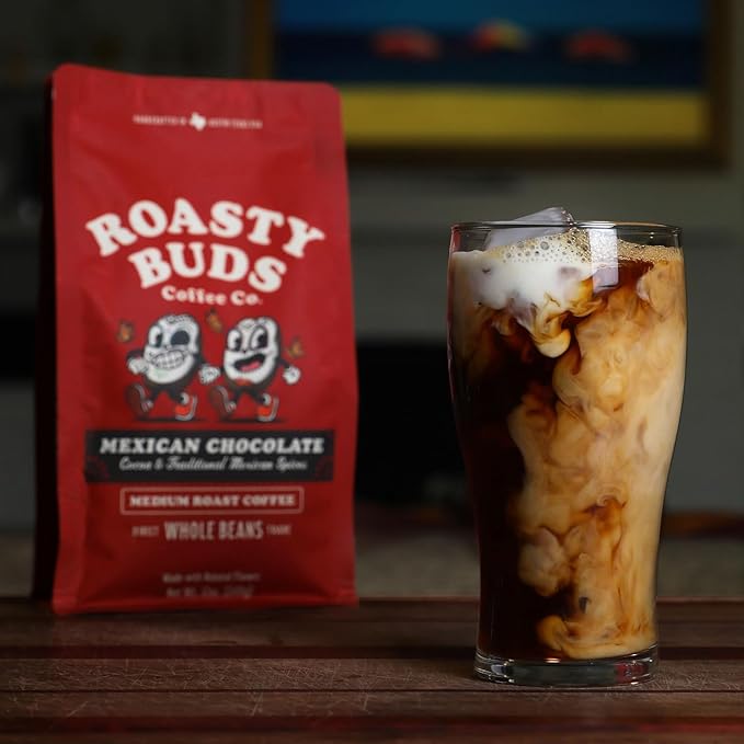 Roasty Buds Mexican Chocolate Coffee Grounds | Café Mexicano 100% Arabica Coffee, Natural Cinnamon Flavors (12 oz) | Gluten-Free, Non-GMO, No Sugar | Medium Roast (12 Ounce, Mexican Chocolate Ground)