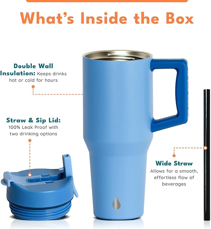 Elemental 32 oz 100% Leak Proof Tumbler with Handle & Straw - Stainless Steel Double Wall Insulated Tumbler for Hot and Cold Beverages - Travel Coffee Mug with Sip & Straw Lid - Ocean Blue