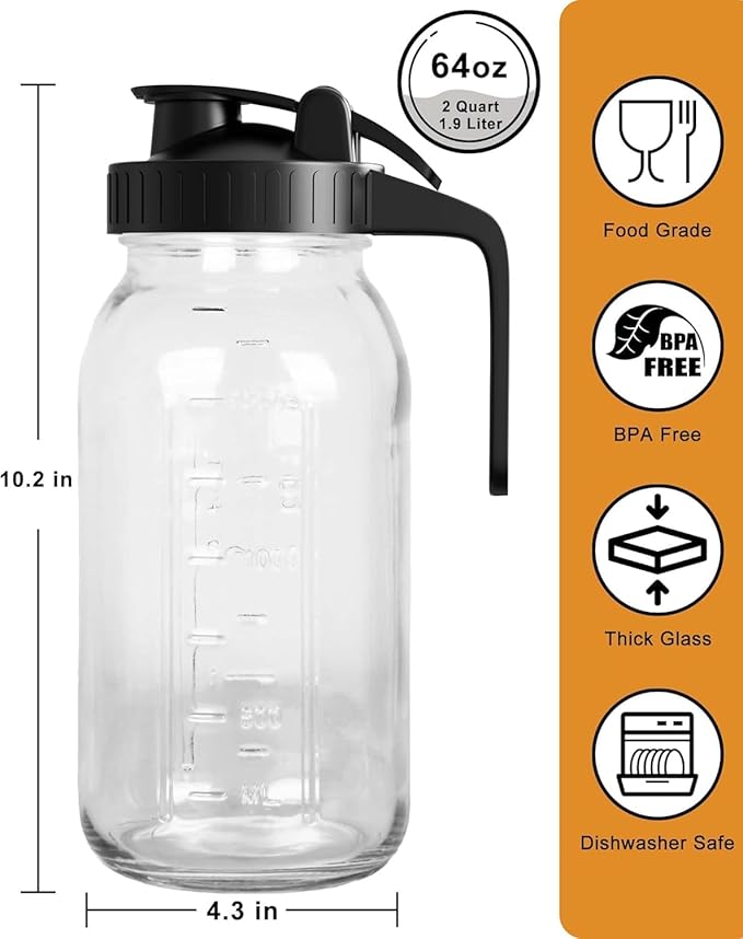 2-Pack 64oz Glass Pitcher with Lid, Leakproof Airtight Silicone Seal, Flip-Top Easy-Refill Refrigerator Pitcher with Handle & Spout for Iced Tea, Cold Brew, Lemonade & Sun Tea
