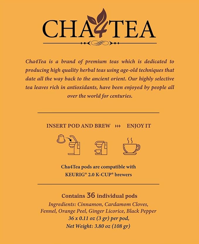 Cha4TEA 36-Count Herbal Chai Tea Pods for Keurig K-Cup Brewers