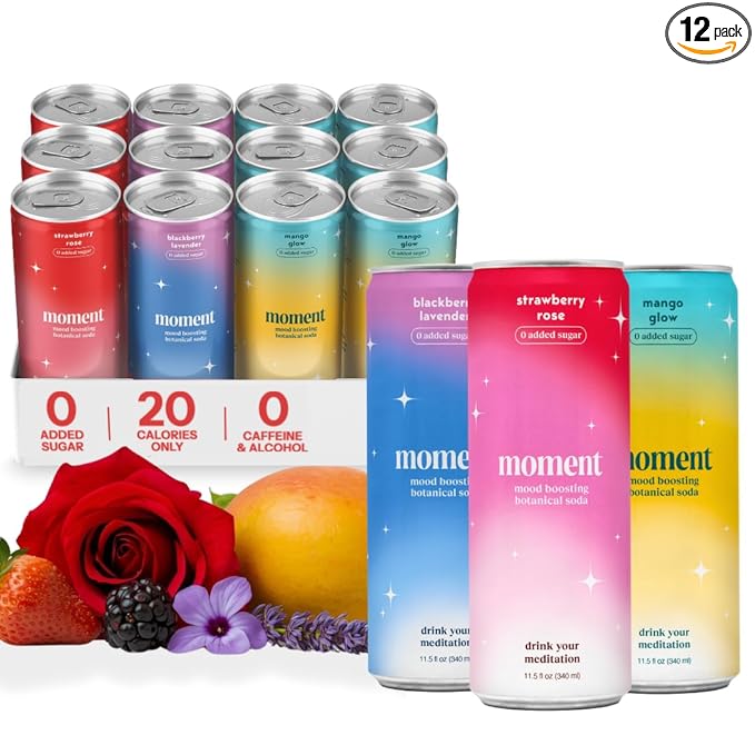 Moment Botanical Soda Soft Drink (Shark Tank) - SPARKLING Drinks | Fruity Fun | L-Theanine & Ashwagandha for Calm & Clarity | 0 Added Sugar 0 Caffeine | 12-pack