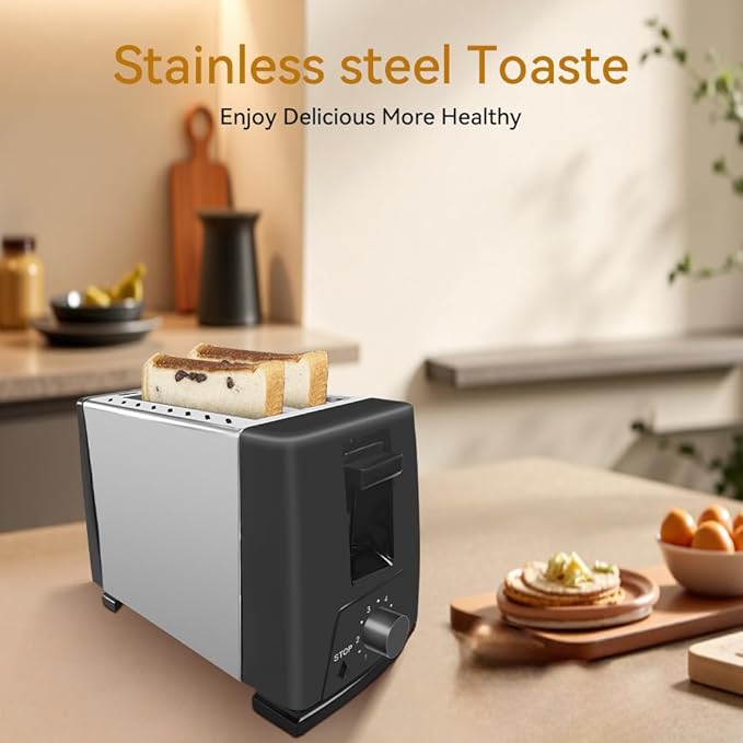 Sleek 2-Slice Toaster with Wide Slots – 6 Adjustable Settings, Defrost for Frozen Bread, Removable Tray, Compact Stainless Steel Design – Modern kitchen appliances Essential (White)