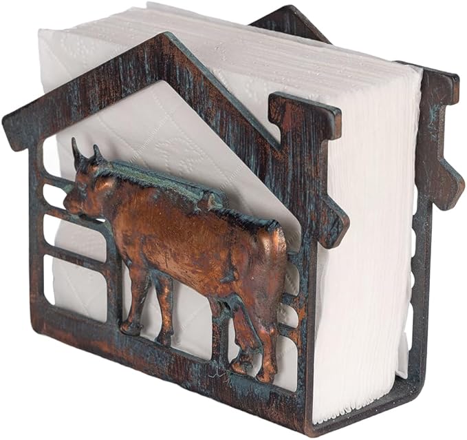 Farmhouse Napkin Holder for Table, Rustic Metal Cow Decorative Napkin Holder for Paper Napkins, Antique Paper Towel Napkin Dispenser, Vertical Napkin Table Decor for Home Kitchen Coffee Shop Bar