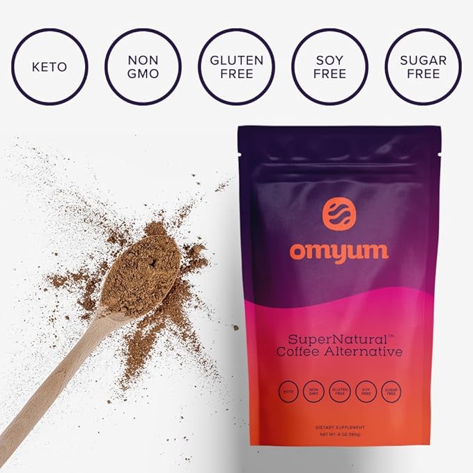 OMYUM SuperNatural Coffee Alternative (30 Servings) - Organic Superfood Adaptogen Mushroom Blend with Cacao, Lion’s Mane, Reishi, Cordyceps, Ashwagandha & L-Theanine - Calm Energy, Focus & Gut Health