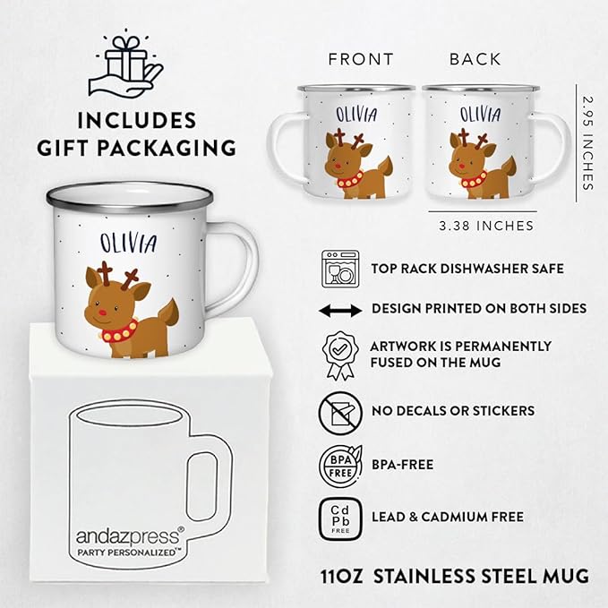 Andaz Press Personalized Name 11oz. Kids Christmas Hot Chocolate Stainless Steel Campfire Coffee Mug, Adorable Rudolph Reindeer Red Collar, 1-Pack, Custom Birthday Xmas Cup Kids Hot Chocolate Mug