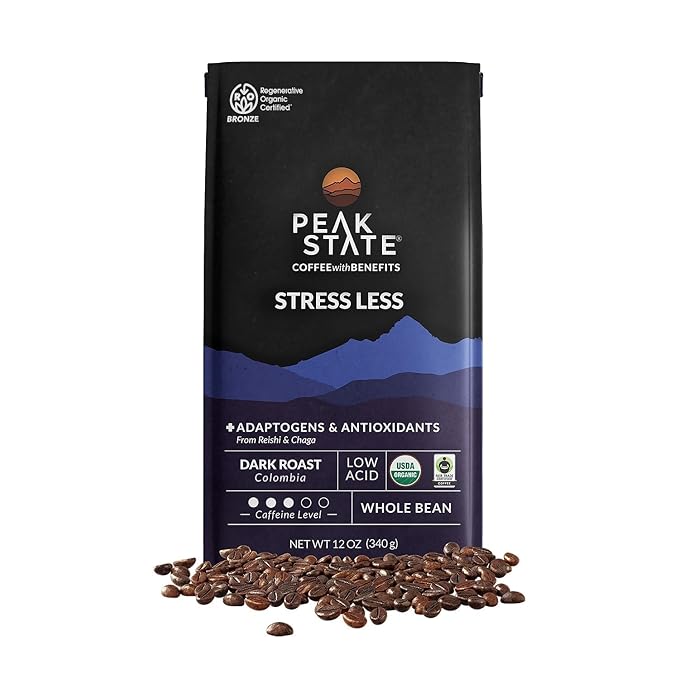 Peak State Coffee with Benefits - Mushroom Coffee Organic Beans - STRESS LESS Dark Roast Adaptogen with Reishi & Chaga - Mold Free, Mycotoxin Free,Vegan, Paleo, Dairy Free, Gluten-Free, Non-GMO (12 oz Bag, Whole Bean - $1.13/cup)
