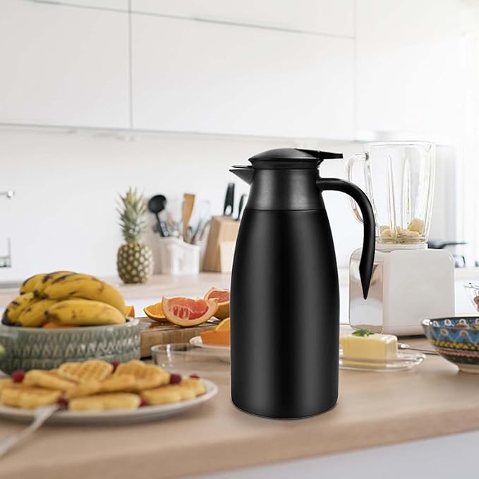 68oz Thermal Coffee Carafe, 2 Pack Airpot Insulated Coffee Urn Stainless Steel Vacuum Thermal Pitchers for Coffee, Hot Water, Tea, Beverage - Keep 12 Hours Hot, 24 Hours Cold (Silver, Matte Black)