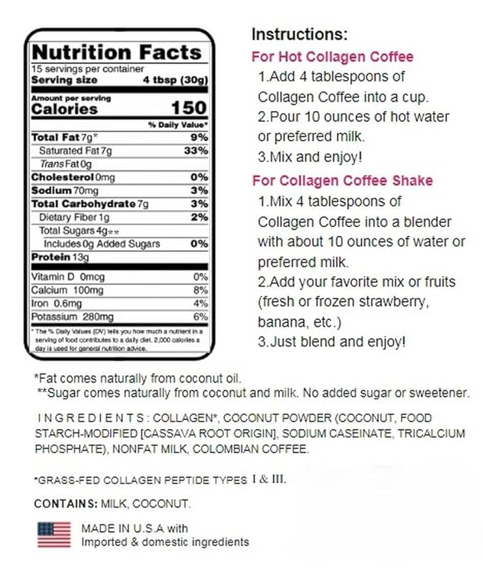CAcafe Collagen Coffee, Unsweetened, Premium Collagen and Coconut Infused Colombian Coffee, 450 g (16 oz)