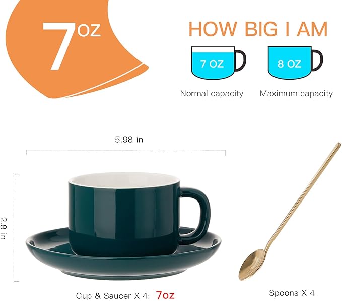 Coffee Cups and Saucers Set of 4 with Stainless Steel Spoons, 8oz Ceramic Cappuccino Cups Set, Green Durable Porcelain Cups for Tea, Latte, Mocha