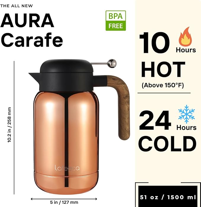 Aura Thermal Coffee Carafe - Vacuum Insulated Stainless Steel Tea Pot & Water Pitcher, Keeps Drinks Hot or Cold, BPA-Free, Beverage Dispenser Thermos - 51 oz Copper