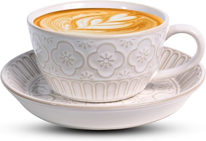 Latte Cup with Saucer, 12 OZ Cappuccino Cup Vintage Cafe Art Cups for Espresso Turkish Coffee, Farmhouse Latte Mugs Tea Cups and Saucers Porcelain Set Christmas Gift