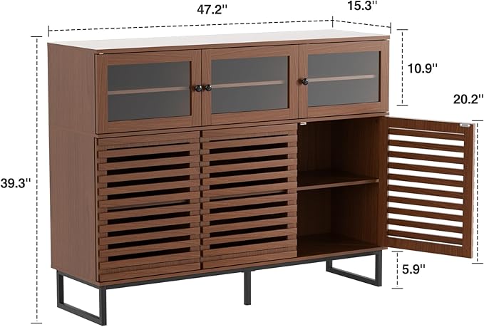 Vabches 47.2" Buffet Cabinet with Storage, Mid Century Modern Sideboard Coffee Bar Cabinet with Grille Doors & Adjustable Shelves for Kitchen, Dining Room, Living Room, Walnut