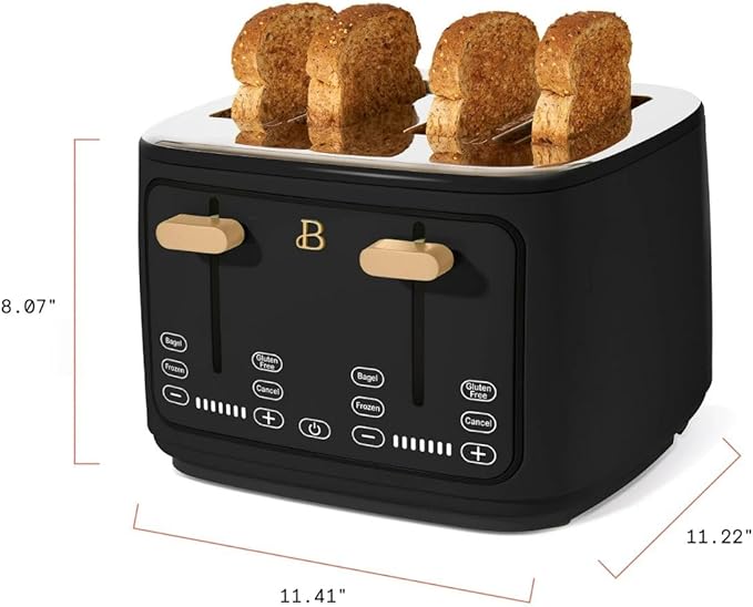 Beautiful 4 Slices Toaster - 7 Shade Settings, Touch Display, Extra-Wide Slots for Bagels, Gluten-Free & Frozen Presets, LED Countdown, Removable Crumb Tray, 1800-watt toasting system- Black Sesame
