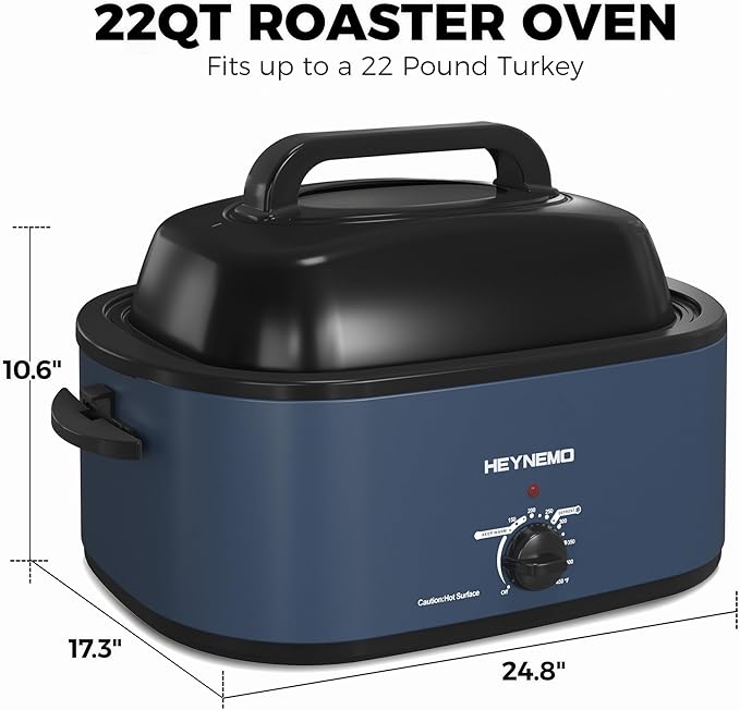 HEYNEMO Roaster Oven 22Qt, 1450W Electric Turkey Roaster Oven Buffet with Self-Basting Lid, Cool-Touch Handles, Removable Pan and Rack, Stainless Steel, Blue