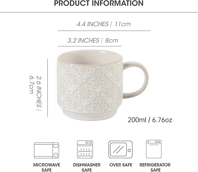 6 Oz Coffee Mugs with Stand, Stackable Coffee Cups Set of 4, Ceramic Espresso Cups, Embossed Cappuccino Cups for Latte, Cocoa, Mocha, Tea, Housewarming Wedding Present, Dishwasher Safe