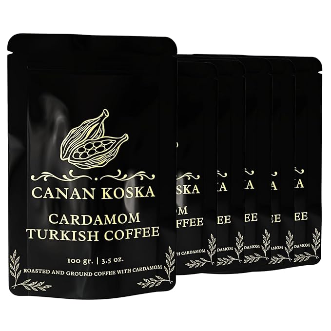 Canan Koska Cardamom Turkish Coffee - Premium Ground Coffee With Natural Cardamom Grounds, Medium Roast, Traditional Ottoman Recipe - 3.5oz (100g) - Pack Of 6