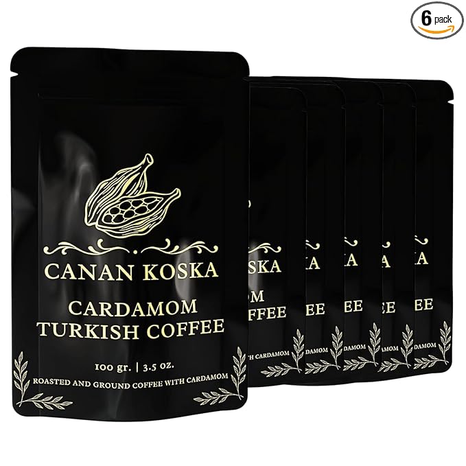 Canan Koska Cardamom Turkish Coffee - Premium Ground Coffee With Natural Cardamom Grounds, Medium Roast, Traditional Ottoman Recipe - 3.5oz (100g) - Pack Of 6