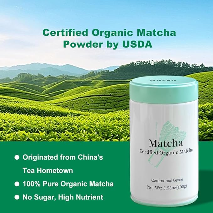 MatchAdmire Ceremonial Grade Matcha Powder, Organic Green Tea Powder, Rich Flavor,100% Vegan with No Fillers, Radiation-Free, 3.53oz Tin