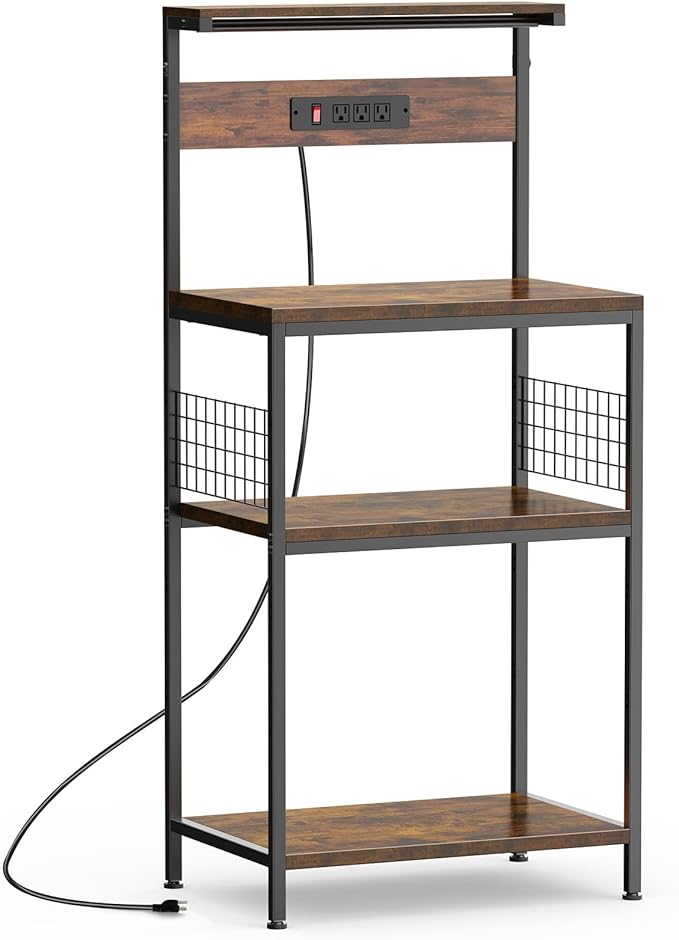 Sweetcrispy Kitchen Bakers Rack with Power Outlet, Coffee Bar Table 4 Tiers, Microwave Oven Stand Station, Adjustable Storage Shelf Freestanding Appliance Organizer - 24 Inch, Rustic Brown