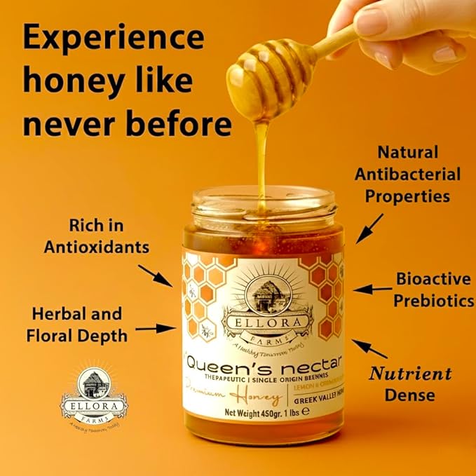 Ellora Farms Greek Honey, Lemon & Orange Blossom Raw Unpasteurized Honey, 2025 Paris Platinum Award, Non-GMO and Unpasteurized, Gift Pack with Dipper - 450g (16oz)