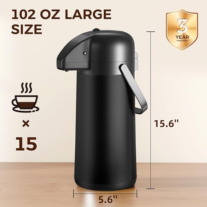 Coffee Carafe for Keeping Hot - Gezoss 102OZ / 3L Airpot Coffee Dispenser with Pump - Large Coffee Thermos for Hot Drinks Tea Liquid - Insulated Stainless Steel Hot Water Beverage for Parties,Black