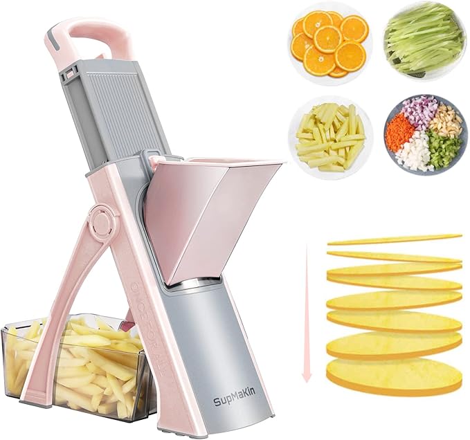 Upgrade Safe Mandoline Slicer Plus for Kitchen, SupMaKin Bigger Port Vegetable Food Potato Chopper, Adjustable Thickness, Julienne & Dicer Salad Making Chopping Artifact (Pink)