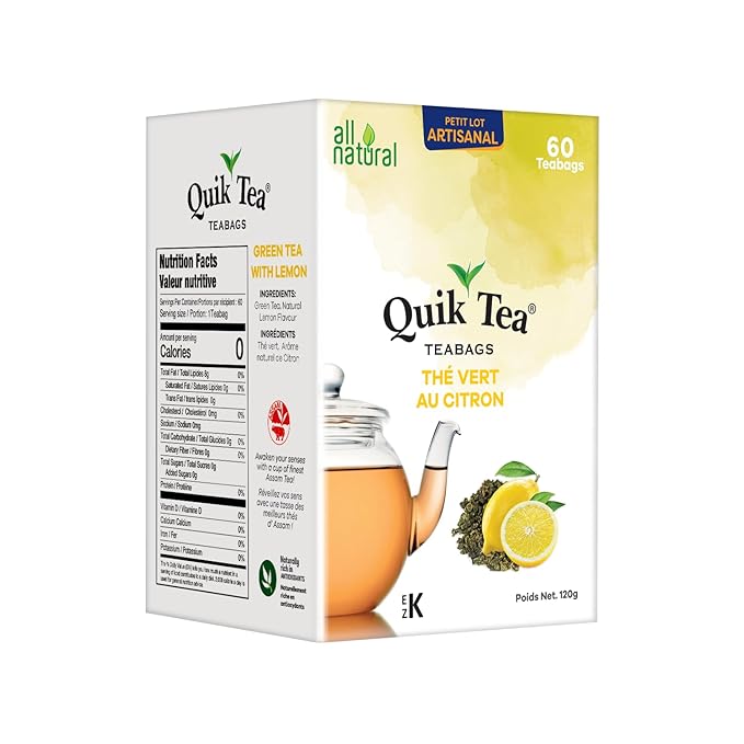 QuikTea Green Tea with Lemon Flavored Tea Bags - 60 Count - All Natural, Preservative Free - Lemon Flavored Green Teabags from Assam
