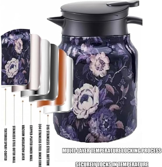 Vintage Floral Pattern Teapot, Doresty Tea Pot, Vintage Floral Pattern Tea-Built-In Infuser, Stainless Steel Thermal Carafe with Lid for Hot Drinks(Green, Plastic handle)