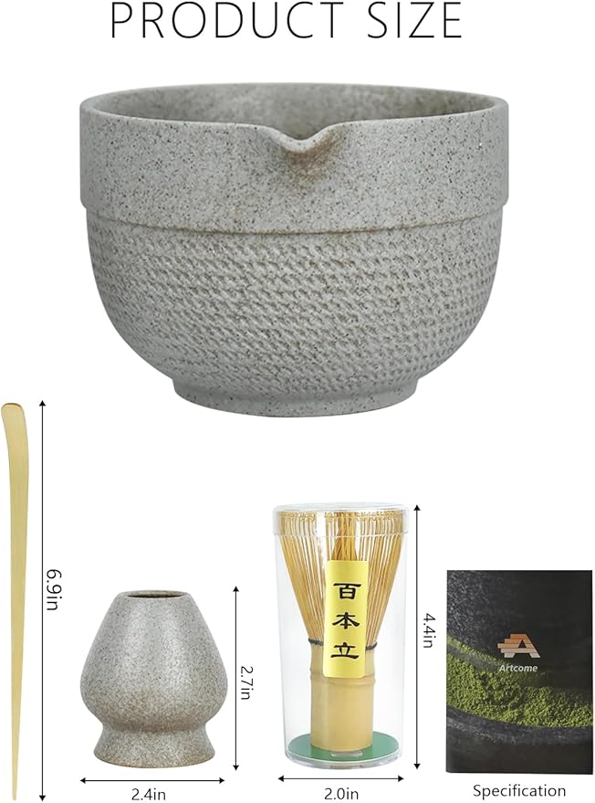Matcha Tea Set – 4 Piece Traditional Japanese Matcha Kit with Pouring Spout Bowl, Whisk, Holder, Scoop & Guide – Ceramic Matcha Bowl for Authentic Tea Ceremony & Daily Ritual