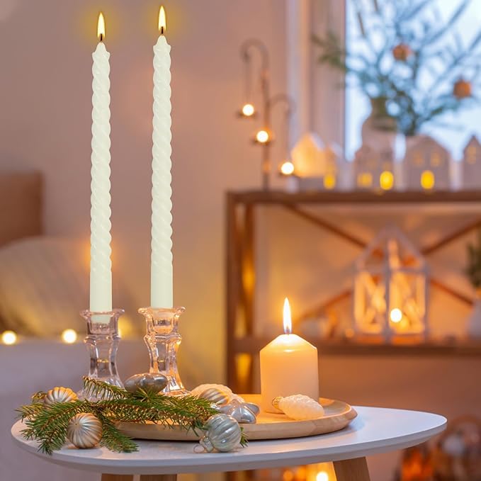 10 Inch Ivory Spiral Taper Candle Set of 12 Pack Unscented Dripless Candlesticks for Valentine's Day,Dinner,Party,Brithday,Wedding,Christmas,and Home Decoration