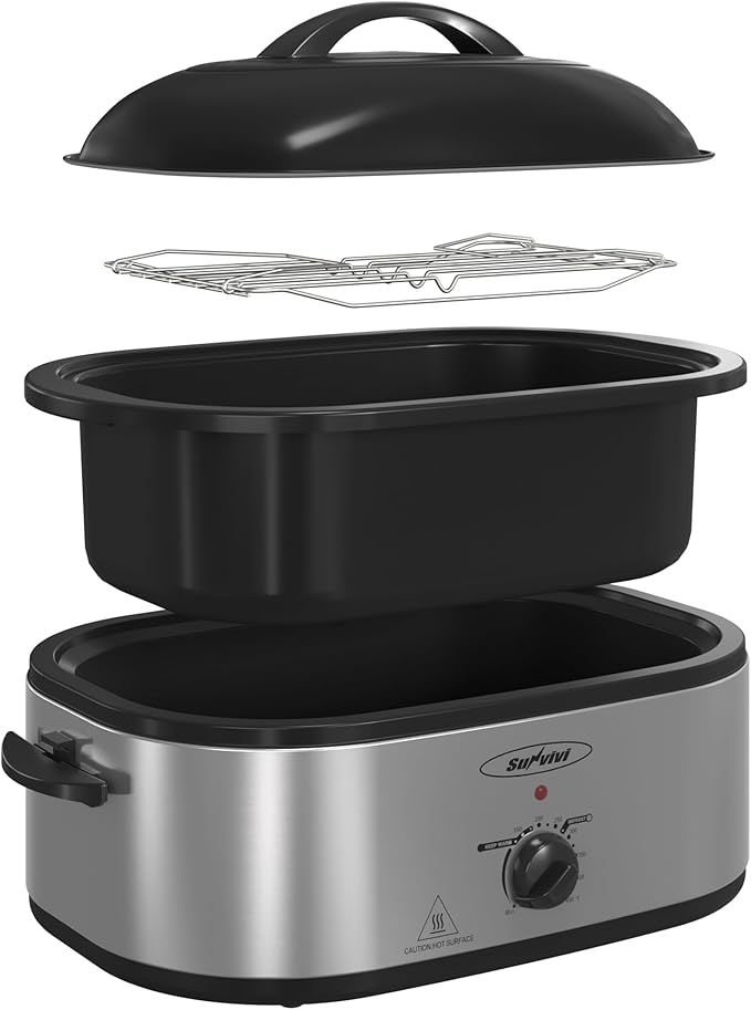 Sunvivi 18-Quart Roaster Oven with Self-Basting Lid, Electric Turkey Roaster Oven with Removable Pan and Rack, Stainless Steel, Sliver