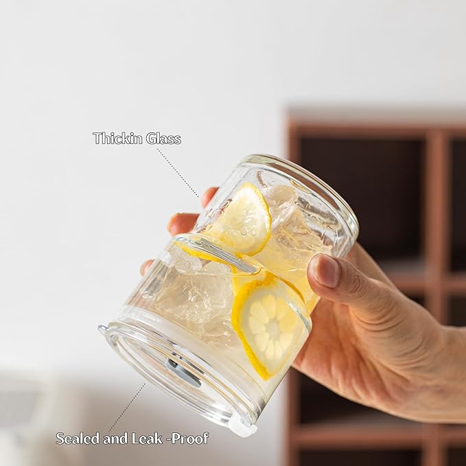 INSETLAN 13oz Portable Glass Tumblers Set of 4, Thick Wall Glass Cups with Lid and Glass Straw, On-the-Go Coffee Cups for Iced Coffee, Tea, Milk, Hot & Cold Drinks, Travel & Daily Use