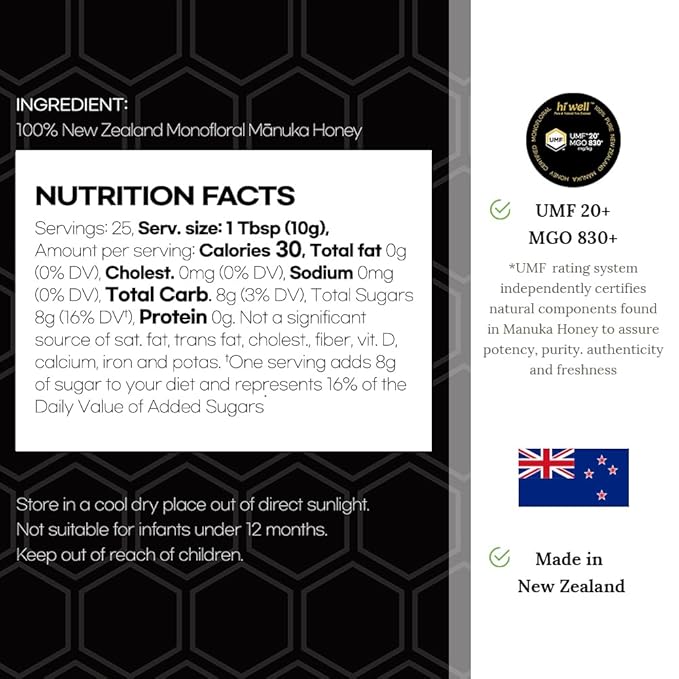 Hi Well Premium New Zealand 100% Manuka Honey | Monofloral Pure Raw Honey | UMF 20+, MGO 830+ Certified | 8.82Oz(250g)