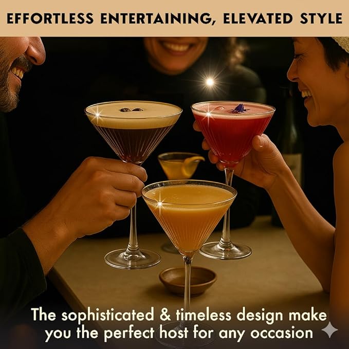 VEMACITY - Ribbed Espresso Martini Glasses Set of 4-8oz Gold Rim Cocktail Glasses with Bar Spoon and Jigger - For Margaritas, Cosmos & More | Ideal for Christmas & New Years