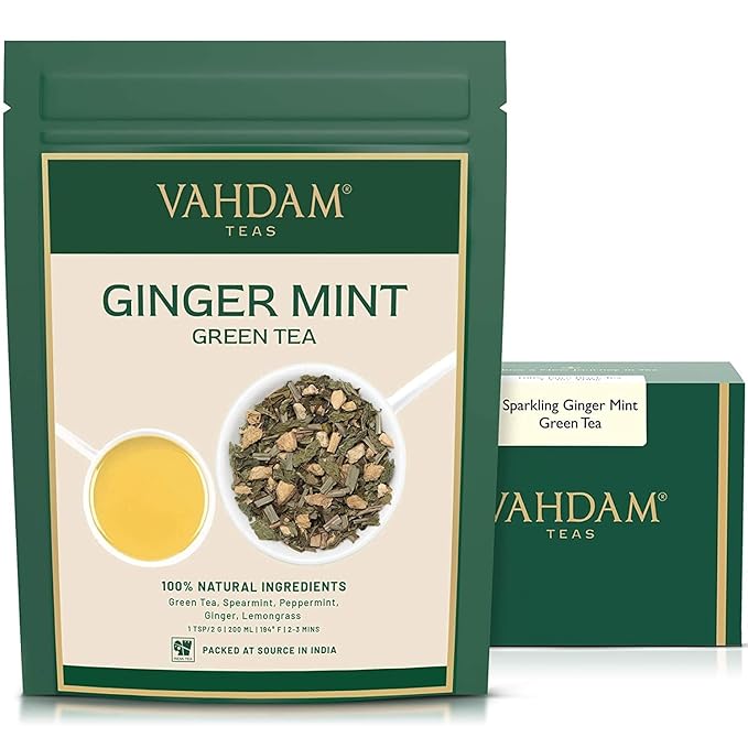 VAHDAM, Ginger Mint Green Tea Loose Leaf (50+ Cups, 3.5oz) Blend Of Ginger Tea & Mint Tea | Pure Green Tea Leaves | High Elevation Grown | Vacuum Sealed