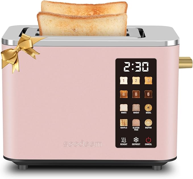SEEDEEM Toaster 2 Slice, Touch Control Screen, Smart Stainless Toaster, 6 Shade Setting, 6 Bread Selection, Countdown, Removable Crumb Tray, 900W, Peach Pink