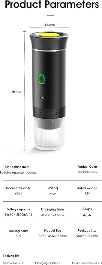 Wireless Portable Electric Coffee Machine, Self-Heating Car Maker,Rechargeable Espresso Maker for Travel, Camping, RV,Home,Office (grey)