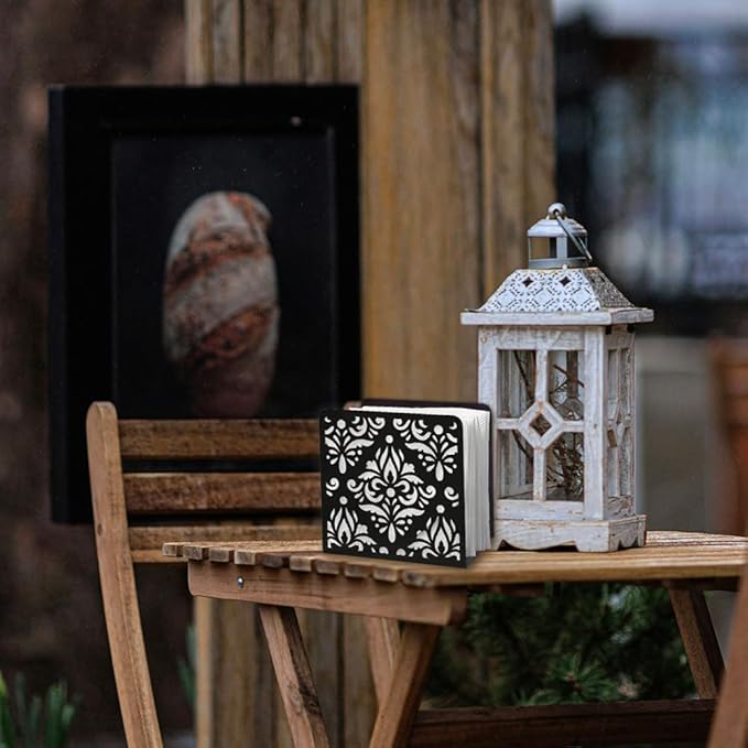 Retro Scrollwork Decorative Black Metal Napkin Holder for Table, 4.9" x 4.7" x 1.9" Damask Standing Napkin Holder for Home Kitchen Restaurant Picnic Party Coffee Bar Dining Room