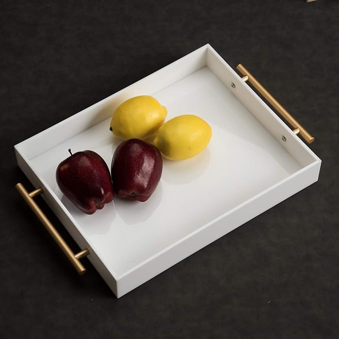 Glossy White Acrylic Lucite Serving Tray with Metal Handles,No Need to Assemble,11x14 Inch,Decorative Storage Organizer with Spill-Proof Design,Serving for Coffee,Breakfast,Dinner and More